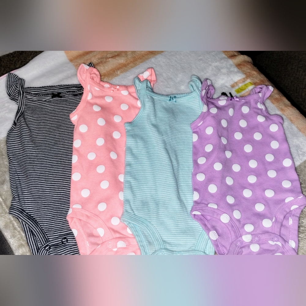 Carter's Brand Size 3M Baby Girls Sleeveless Onesies 4pc  Stripes & Dots EUC